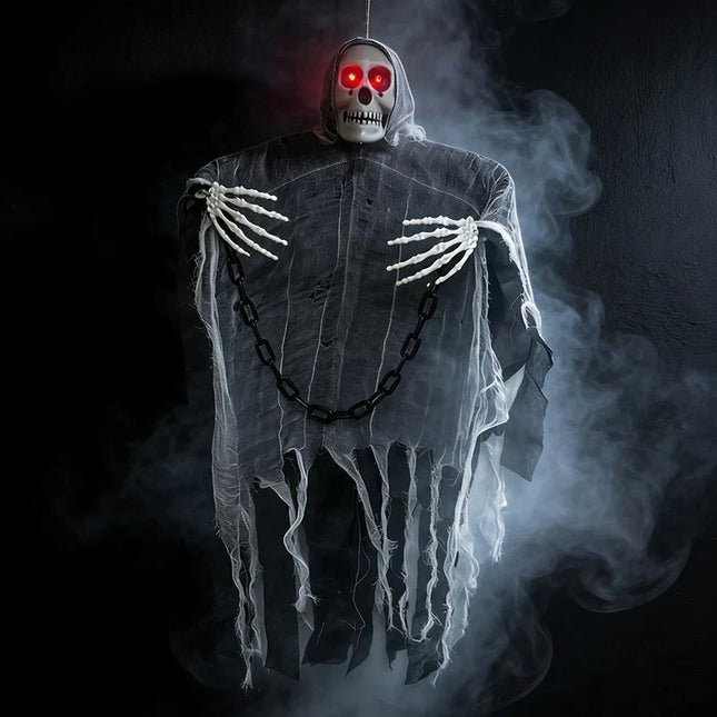Hanging Skeleton Halloween Decorations, Hooded Halloween Skeleton with Red LED Eyes, Halloween Party Decor Outdoor_01