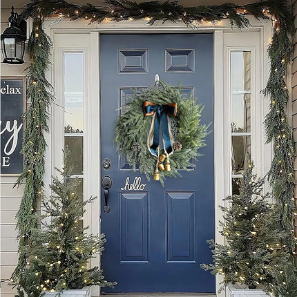 Christmas Wreath for Front Door, Faux Evergreen Door Wreath with Ribbon and Bells