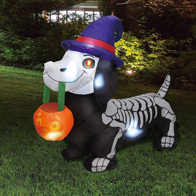 Inflatable Halloween Decoration Dog Skeleton with Witch Hat and Pumpkin, Halloween Inflatable, Halloween Party Decor_01