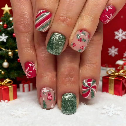 Nail Art Set for Christmas Nails, Festive Nails with Candy Cane and Snowflake Designs, Easy Nail Art for Beginners