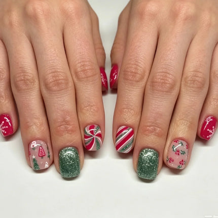 Christmas Nails, Festive Nails with Ornaments and Snowflakes, Gel Nails, Winter Nail Art, Christmas Nail Designs