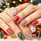 Christmas Nails, Festive Nails with Candy Canes and Sparkling Stripes, Winter Nail Art Set, 24 Piece