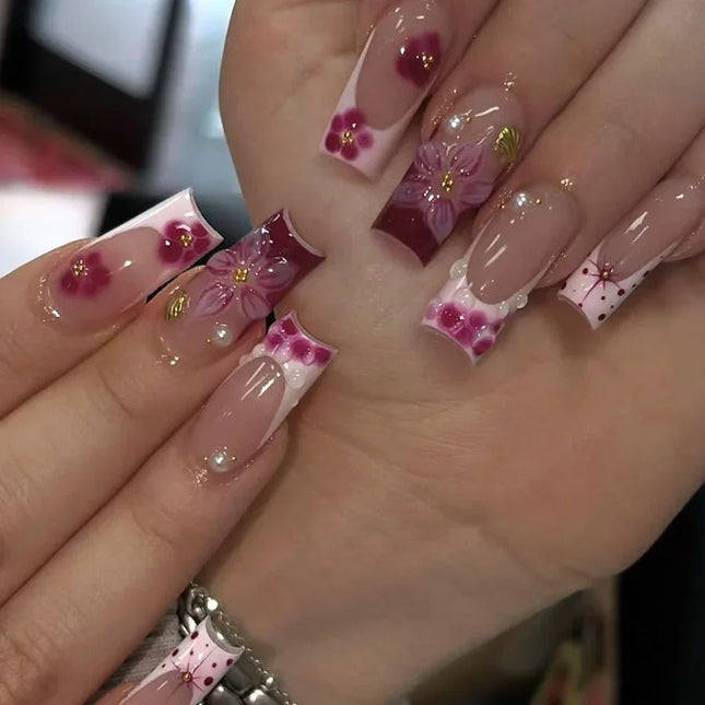 Nail Art Set, Gel Nails with Floral Designs, Glossy Nails, Elegant Nails, Floral Nail Art for Home or Salon