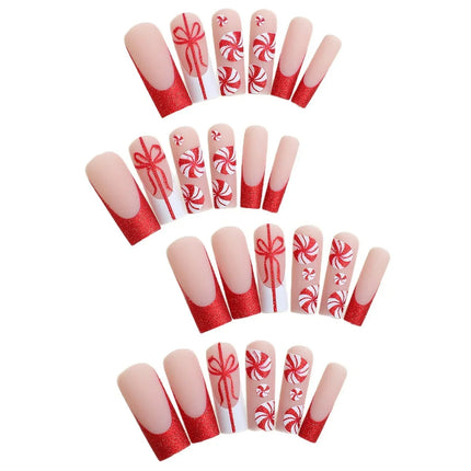 Christmas Nails Press On, Candy Cane Nails with Red Glitter