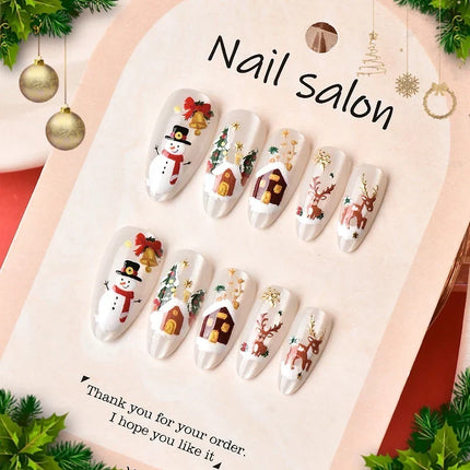 Christmas Nails Press On, Festive Nails with Christmas Nail Designs, Peel and Stick Reusable Fake Nails with Snowmen