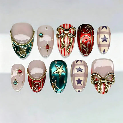 Christmas Nails Press On, Star Nails with Bow and Ornament Designs, Reusable Festive Nails, Holiday Nail Art