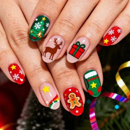 Christmas Nails Press On, Festive Nails with Christmas Nail Designs, Star Nails with Santa and Reindeer, 24 Pieces