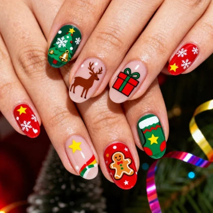 Star Nails with Santa and Reindeer, 24 Pieces, Christmas Nails Press On