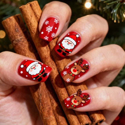 Adhesive Press On Nails for Christmas, Festive Nails with Santa and Snowflakes, Winter Nail Art, Christmas Nail Designs