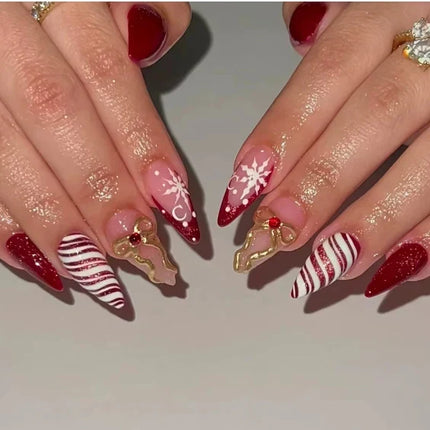 Press On Nails for Christmas, Festive Nails with Snowflakes and Bows, Winter Nail Art, Christmas Nail Designs