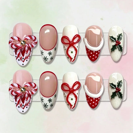 Christmas Nails Press On, Festive Nails with Holly and Ornament Designs, Long Lasting Fake Nails, Holiday Nail Art