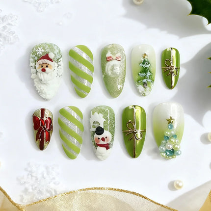 Press On Nails for Christmas, Festive Nails with Santa and Snowmen, Glossy and Matte Winter Nail Art