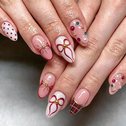 Festive Nails Press On, Elegant Nails with Bows and Sparkles, Reusable Press On Nails with No Glue in Various Sizes