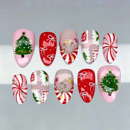 Christmas Nails Press On, Bow Nails with Candy Canes and Christmas Trees