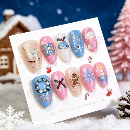 Christmas Nails Press On, Festive Nails with Christmas Nail Designs, Non Toxic Fake Nails with Reindeer and Gingerbread