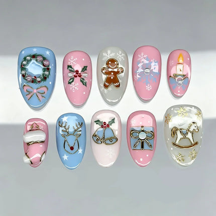 Non Toxic Fake Nails with Reindeer and Gingerbread, Christmas Nails Press On