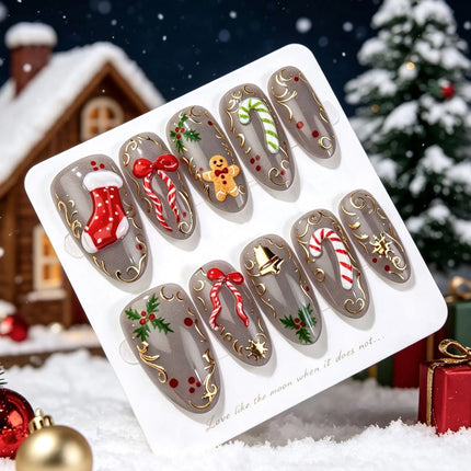 Reusable Press On Nails for Christmas, Festive Nails with Candy Canes and Gingerbread, Winter Nail Art, Christmas Nail