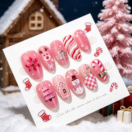 Christmas Nails Press On, Snowman Nails with Reindeer and Candy Canes, Peel and Stick Festive Nails, Holiday Nail Art