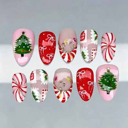 Christmas Nails Press On, Festive Nails with Christmas Nail Designs, Reusable Fake Nails with Candy Canes and Bows