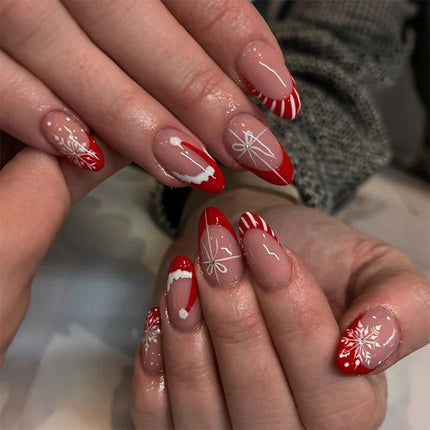 Christmas Nails Press On, Red Nails with Snowflakes and Candy Canes