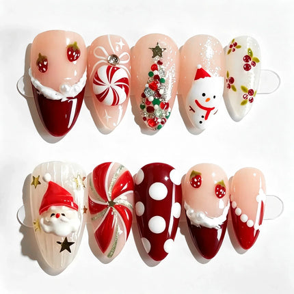 Press On Nails for Christmas, Winter Nail Art, Snowmen and Candy Canes