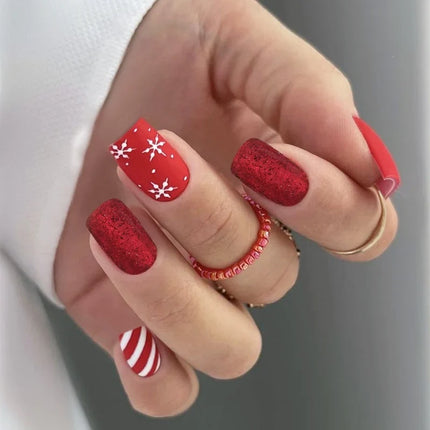 Festive Nails Press On, Elegant Nails with Snowflake and Stripe Patterns, Winter Nails in Multiple Shapes and Sizes
