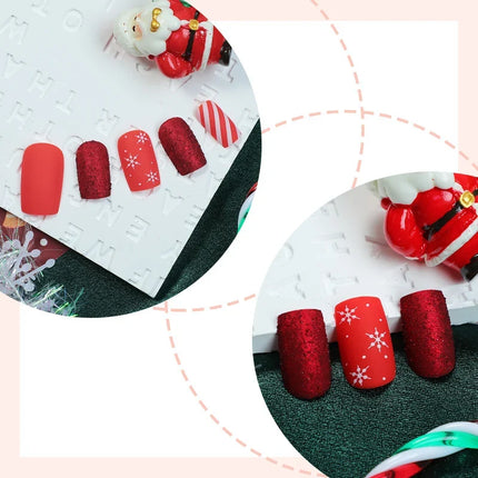 Festive Nails Press On, Elegant Nails with Snowflake and Stripe Patterns