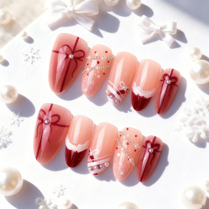Festive Nails Press On, Elegant Nails with Gift Ribbon Designs, Embellished Fake Nails with Lasting Shine