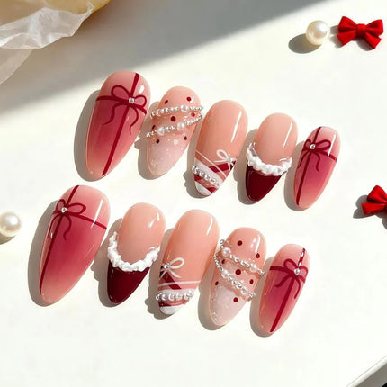 Festive Nails Press On, Elegant Nails with Gift Ribbon Designs