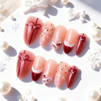 Festive Nails Press On, Elegant Nails with Gift and Ribbon Designs, High Shine Fake Nails, Nail Art at Home