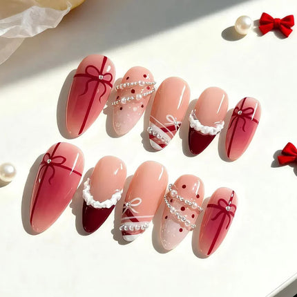 Festive Nails Press On, Elegant Nails with Gift and Ribbon Designs