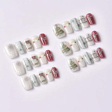 Christmas Nails Press On, Festive Nails with Tree and Snowflake Designs, Gold Winter Nails Glue Free, Holiday Nail Art