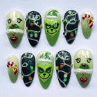 Christmas Nails Press On, Festive Nails with Green Holiday Character Designs