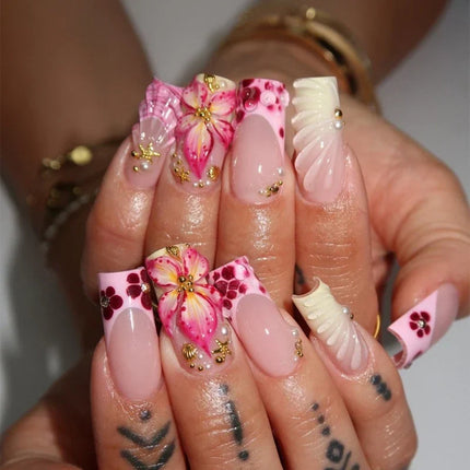 Press On Nails with Floral Nail Art, Long Stiletto Nails, Square Nails, Hand Painted Fake Nail Set with Adhesive