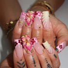 Press On Nails with Floral Nail Art, Long Stiletto Nails, Square Nails, Hand Painted Fake Nail Set with Adhesive