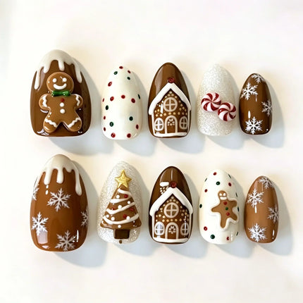 Christmas Nails Press On, Festive Nails with Hand Painted Gingerbread Designs, Christmas Nail Designs with Candy Canes