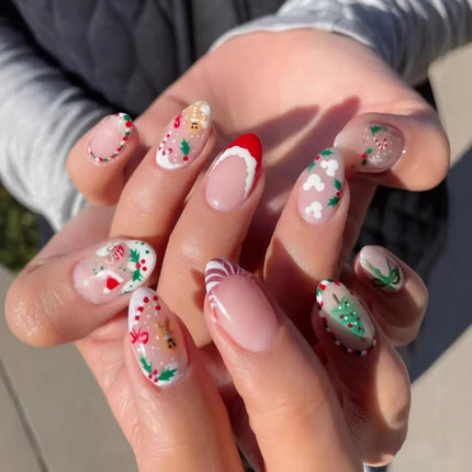 Press On Nails for Christmas, Festive Nails with Santa and Gingerbread Men, Winter Nail Art, Christmas Nail Designs