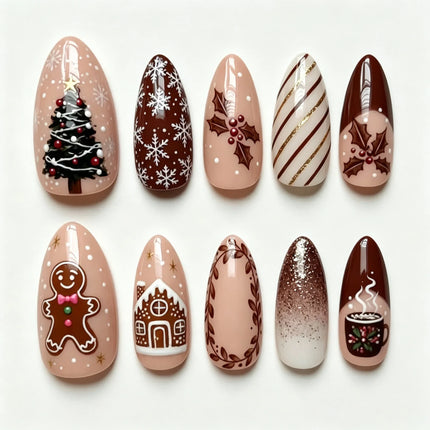 Christmas Nails Press On, Festive Nails with Christmas Nail Designs, Gingerbread Winter Nails in Multiple Sizes