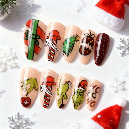 Christmas Nails Press On, Festive Nails with Candy Cane and Tree Designs, No Adhesive Fake Nails, Holiday Nail Art
