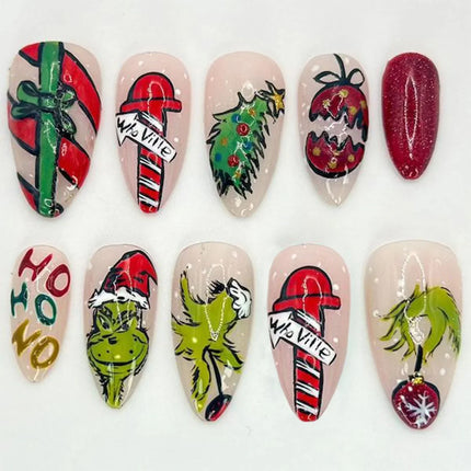 Christmas Nails Press On, Festive Nails with Candy Cane and Tree Designs