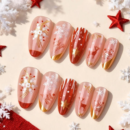 Christmas Nails Press On, Festive Nails with Christmas Nail Designs, No Glue Winter Nails with Snowflakes and Reindeer