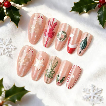 Reusable Press On Nails for Christmas, Festive Nails with Candy Canes and Wreaths
