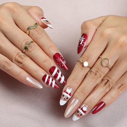 Christmas Nails Press On, Festive Nails with Santa Designs, Reusable Press On Nails with Adhesive, Holiday Nail Art