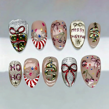 Christmas Nails Press On, Festive Nails with Candy Cane and Bow Designs, 10 Christmas Nail Designs in Multiple Sizes