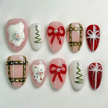Christmas Nails Press On, Festive Nails with Snowmen and Gift Boxes, Christmas Tree Nails, Adhesive Winter Nail Art