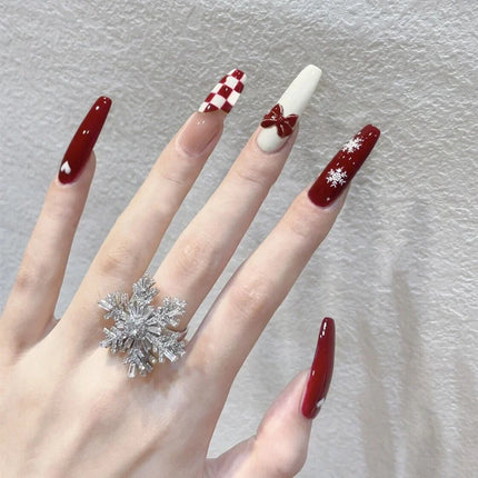 Christmas Nails Press On, Festive Nails with Christmas Nail Designs, Elegant Nails with Red Snowflakes and Bows