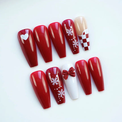Christmas Nails Press On, Elegant Nails with Red Snowflakes and Bows