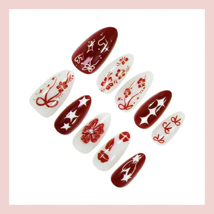 Festive Nails Press On, Star Nails with Bow and Floral Designs, Elegant Nails in Multiple Sizes, Nail Art at Home