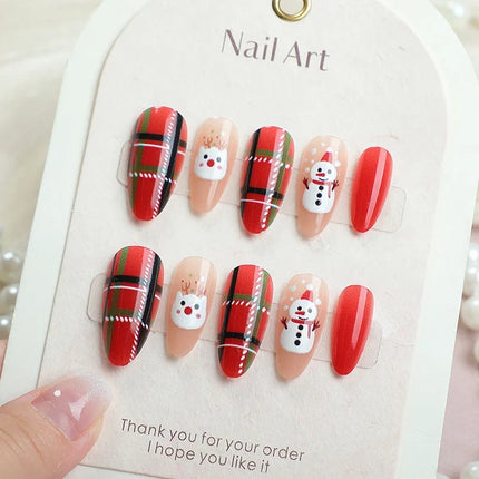 Christmas Nails Press On, Plaid Nails with Snowman Designs, Reusable Festive Nails, No Glue Peel and Press Nail Art