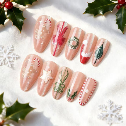 Christmas Nails Press On, Festive Nails with Snowflakes and Bows